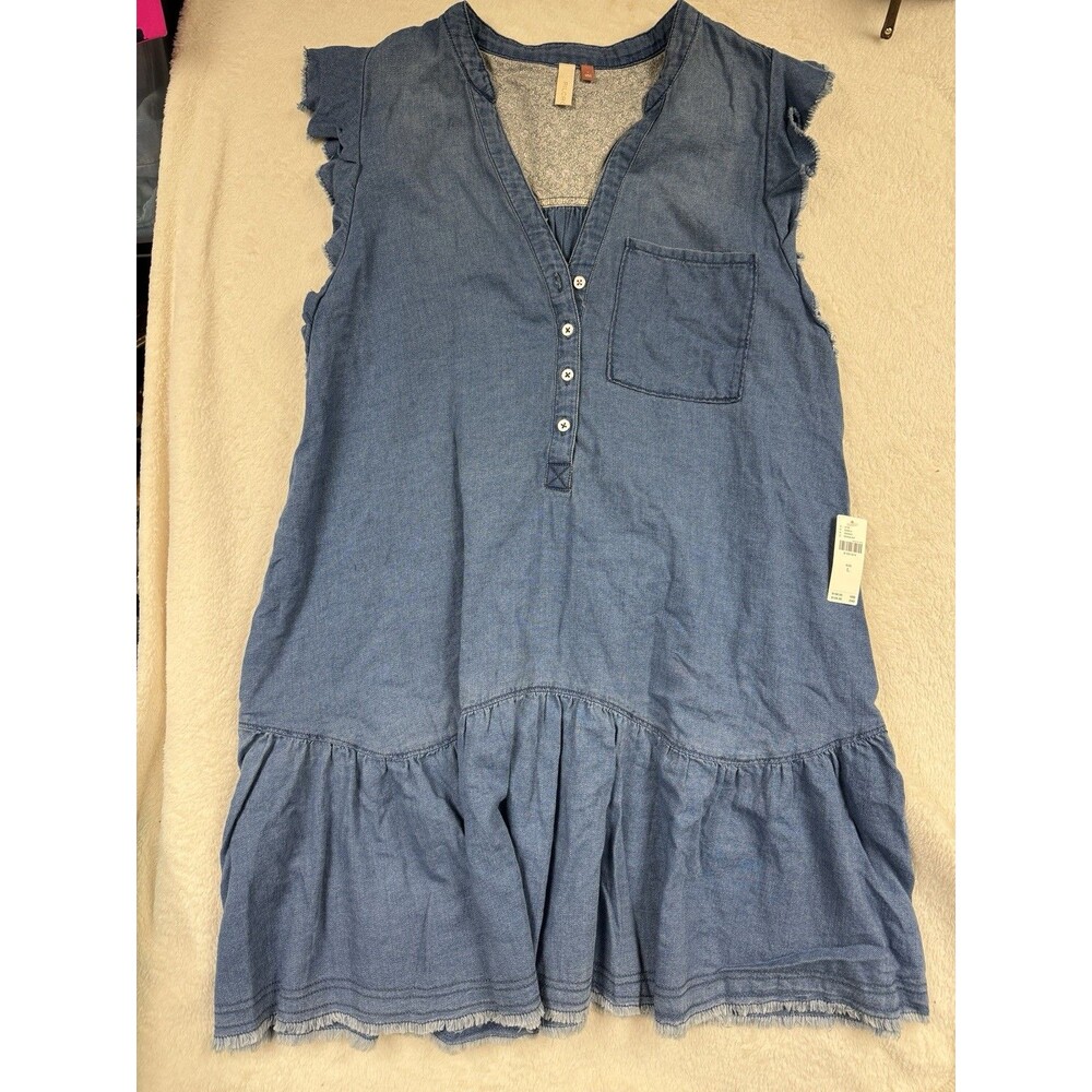 Chambray V-Neck Ruffle Sleeve Mini Dress - Blue - Picture 4 of 13